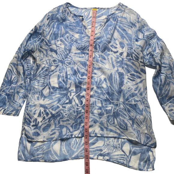 Grand & Greene Blue White Tropical Sheer Tunic Blouse L Roll Tab Sleeve Top - Picture 9 of 15